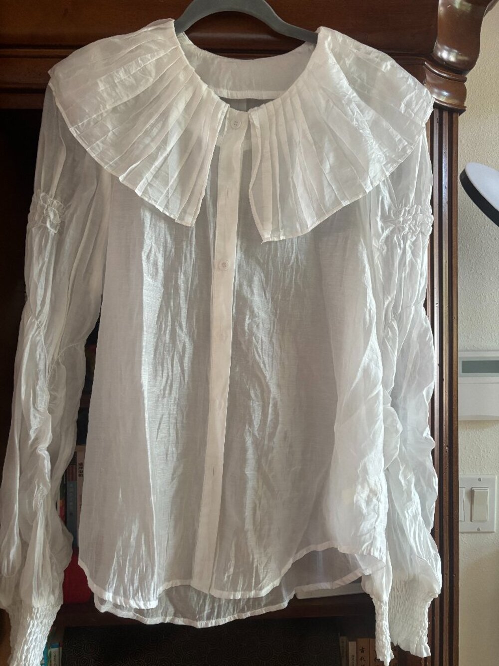 White Silk Blouse with Ruffled Collar
